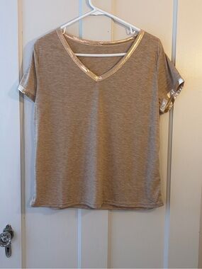 SHEIN Tan V-Neck Tee with Gold Trim